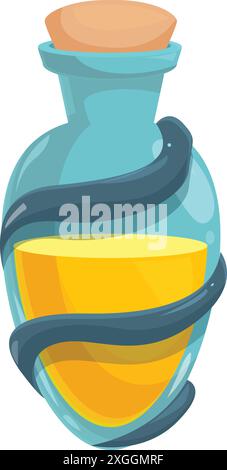 Cartoon style illustration of a glass potion bottle with a cork holding a yellow liquid and entwined by a snake, isolated on white Stock Vector
