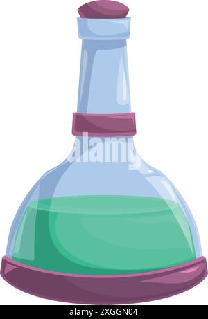 Cartoon illustration of a glass bottle containing a glowing green liquid potion, isolated on a white background Stock Vector