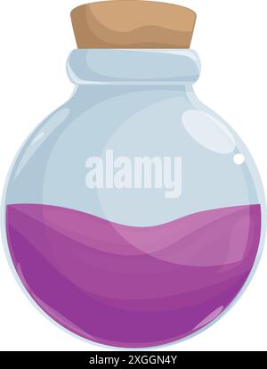 Cartoon style illustration of a round glass bottle filled with purple liquid potion with a cork stopper, isolated on white Stock Vector