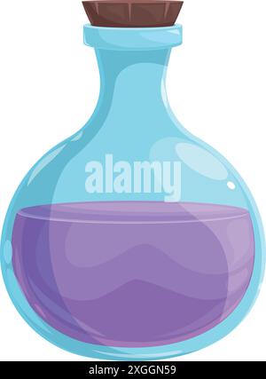 Round glass flask is containing a purple liquid potion, closed with a cork stopper, for a magic experiment Stock Vector