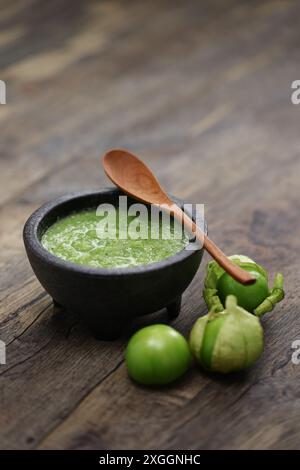 tomatillo salsa verde, Mexican green sauce, copy space Stock Photo