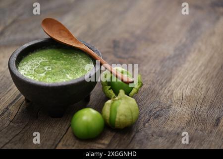 tomatillo salsa verde, Mexican green sauce, copy space Stock Photo