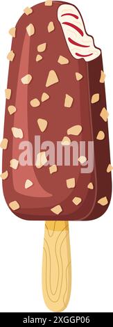 Bitten Chocolate with nuts ice cream on a stick. Delicious dessert Cool refreshing dessert. Hand drawn flat style isolated summery appearance, whipped frozen chocolate cream. Vector illustration  Stock Vector