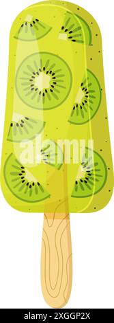 Kiwi fruit ice cream on wooden stick Colorful cold summer dessert, Frozen juice with berry pieces Kiwi popsicle Hand drawn flat style isolated cheerful and summery appearance. Vector illustration Stock Vector