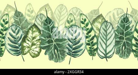 Tropical leaves watercolor seamless border. Jungle plants. Summer green realistic plant leaf, foliage. Hawaiian horizontal flat pattern. Hand drawn Stock Photo