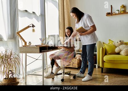 A mother stands beside her daughter who sits at a desk, using a laptop computer. The young girl has a prosthetic leg. Stock Photo