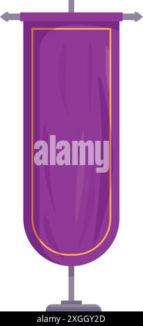 Purple vertical banner with golden frame hanging on a metal pole, isolated on a white background Stock Vector