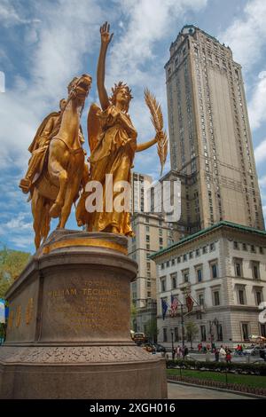 The golden monument of General William Tecumseh Sherman with a guiding female angel in Grand Army Plaza, Manhattan, New York City Stock Photo