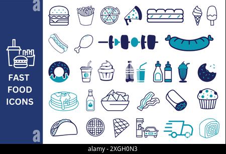 Fast Food Icon Set. burger, french fries, pizza, hot dog, ice cream, sandwich, soda, burrito, taco, sausage, icons. Vector illustration. Stock Vector