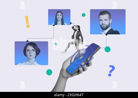Creative photo collage remote work smartphone picture avatars profiles web interface connection network modern technology Stock Photo