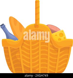 Yellow wicker picnic basket holding food and drink for a romantic picnic Stock Vector