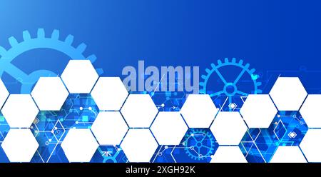 Gear wheel technology pattern on blue gradient background with hexagons. Hand drawn vector. Stock Vector