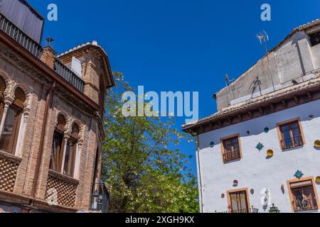 Granada, Spain: April 15, 2024: The decored houses in Albaicin district. Andalusia, Spain Stock Photo