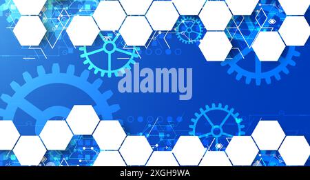Gear wheel technology pattern on blue gradient background with hexagons. Hand drawn vector. Stock Vector