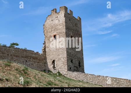 Ancient defensive tower of the ancient Genoese fortress on a sunny May day. Feodosia, Crimea Stock Photo