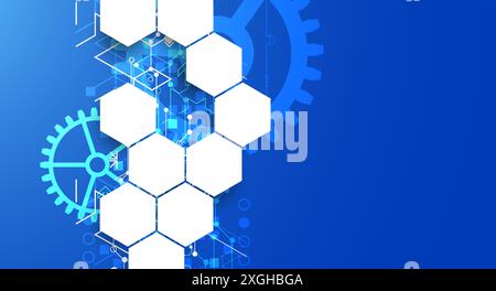 Gear wheel technology pattern on blue gradient background with hexagons. Hand drawn vector. Stock Vector