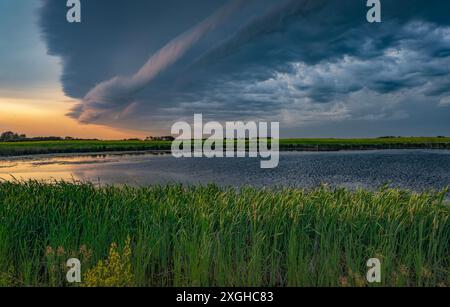 Sun setting over a prairie pond and cattails near Yorkton, Saskatchewan, Canada Stock Photo