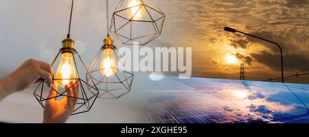 Asian people replace fluorescent (CFL) bulbs with new LED bulbs. Energy saving concept with a light bulb and solar panels. Creative man holding a ligh Stock Photo