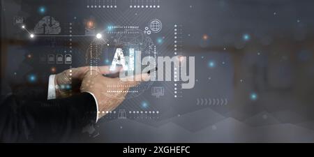 Businessman touching the brain working of Artificial Intelligence (AI) in the futuristic business and coding software development on interface and syn Stock Photo
