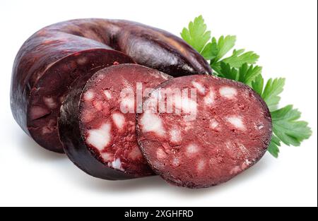 Blood sausage with suet pieces and parsley leaf isolated on white background. Stock Photo