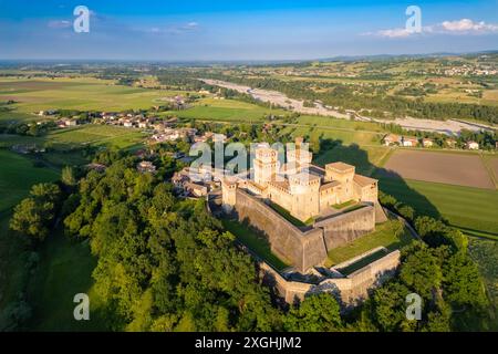 Aerial view of castle of Torrechiara during a summer sunset. Langhirano, Parma province, Emilia Romagna, Italy, Europe. Stock Photo