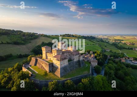 Aerial view of castle of Torrechiara during a summer sunset. Langhirano, Parma province, Emilia Romagna, Italy, Europe. Stock Photo