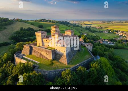 Aerial view of castle of Torrechiara during a summer sunset. Langhirano, Parma province, Emilia Romagna, Italy, Europe. Stock Photo