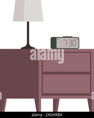 Modern wooden bedside table with lamp and alarm clock, isolated Stock Vector