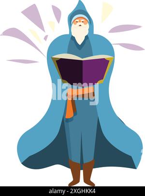 Powerful wizard wearing blue robe holding magic book casting a spell Stock Vector