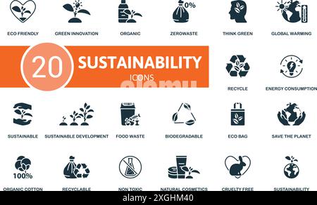 Sustainability icon set. Eco Friendly, Green Innovation, Organic, Zerowaste, Think Green, Global Warming, Recycle, Energy Consumption, Sustainable Stock Vector