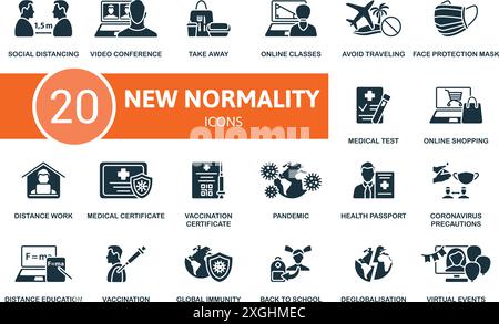New Normality icon set. Social Distancing, Video Conference, Take Away, Online Classes, Avoid Traveling, Face Protection Mask, Medical Test, Online Stock Vector