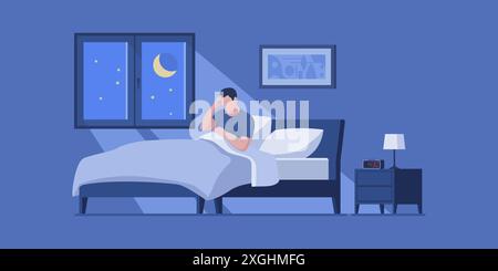 Exhausted man suffering from insomnia, he is awake and lying in bed late at night Stock Vector