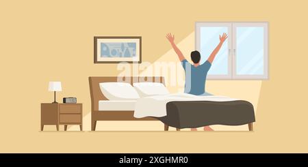 Happy man waking up early in the morning, he is sitting on the bed and stretching his arms while looking outside the window Stock Vector