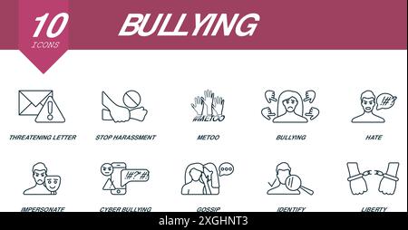 Bullying outline icons set. Creative icons: threatening letter, stop harassment, metoo, bullying, hate, impersonate, cyber bullying, gossip, identify Stock Vector