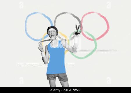 Composite collage image of young man winner show golden goblet medal olympic games sport event concept billboard comics zine minimal Stock Photo