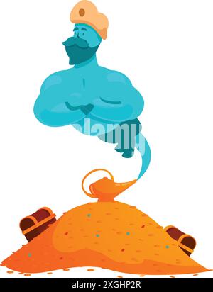 Blue genie is emerging from a magic lamp on a pile of gold coins with treasure chests Stock Vector