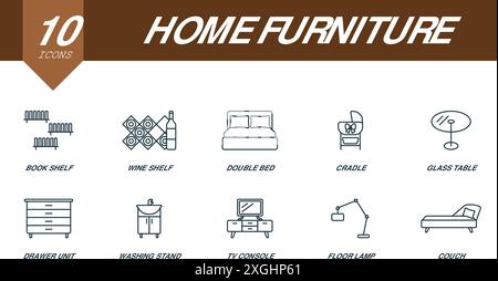 Home furniture outline icons set. Creative icons: book shelf, wine shelf, double bed, cradle, glass table, drawer unit, washing stand, tv console Stock Vector