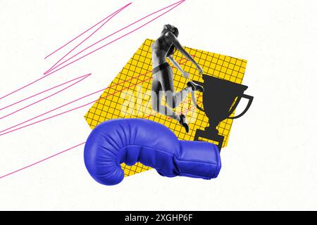 Collage 3d image of pinup pop retro sketch of young female boxer winner olympic games sport event concept bizarre unusual fantasy billboard Stock Photo