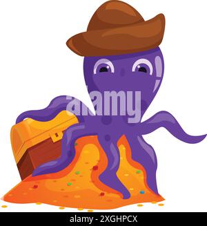 Cartoon octopus with treasure chest standing on a pile of gold, concept of pirate, finding treasure, wealth and adventure Stock Vector