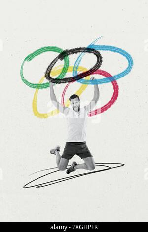 Collage 3d image of pinup pop retro sketch of young man winning jump olympic games sport event concept bizarre unusual fantasy billboard Stock Photo