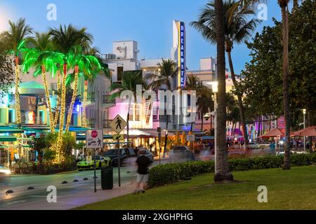 South Beach, Miami, Florida, United States - Hotels, bars and restaurants at Ocean Drive in the famous Art Deco district. Stock Photo