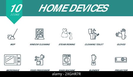 Home devices outline icons set. Creative icons: mop, window cleaning, steam ironing, cleaning toilet, gloves, microwave, food processor, wash machine Stock Vector