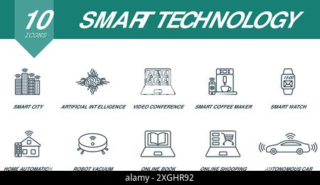 Smart technology outline icons set. Creative icons: smart city, artificial intelligence, video conference, smart coffee maker, smart watch, home Stock Vector
