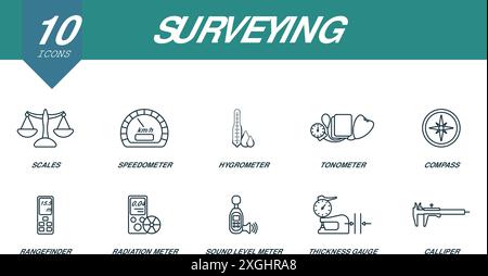 Surveying outline icons set. Creative icons: scales, speedometer, hygrometer, tonometer, compass, rangefinder, radiation meter, sound level meter Stock Vector