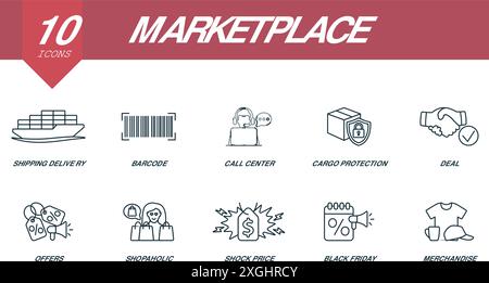 Marketplace outline icons set. Creative icons: shipping delivery, barcode, call center, cargo protection, deal, offers, shopaholic, shock price, black Stock Vector