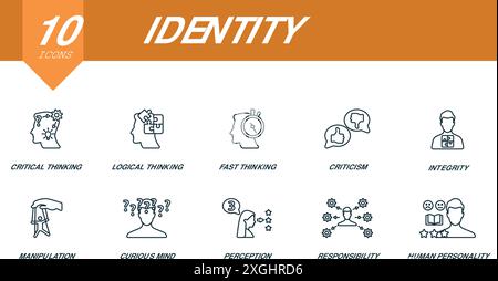Identity outline icons set. Creative icons: critical thinking, logical thinking, fast thinking, criticism, integrity, manipulation, curious mind Stock Vector