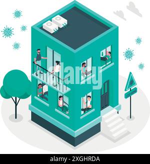 People on balconies windows (quarantine), Social Distancing Concept. People in windows and balconies at home doing different activities: exercising, s Stock Vector