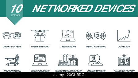 Networked devices outline icons set. Creative icons: smart glasses, drone delivery, telemedicine, music streaming, forecast, teleoperation, ticket Stock Vector