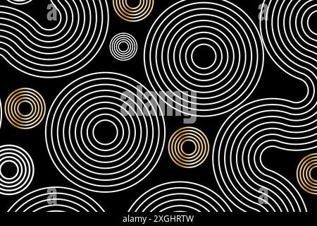 Abstract white lines circles on black background, linear swirls path vector banner template Stock Vector