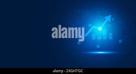 Business growth arrow up digital on blue dark background, investment graph technology circuit to success, financial data technology strategy, market c Stock Photo